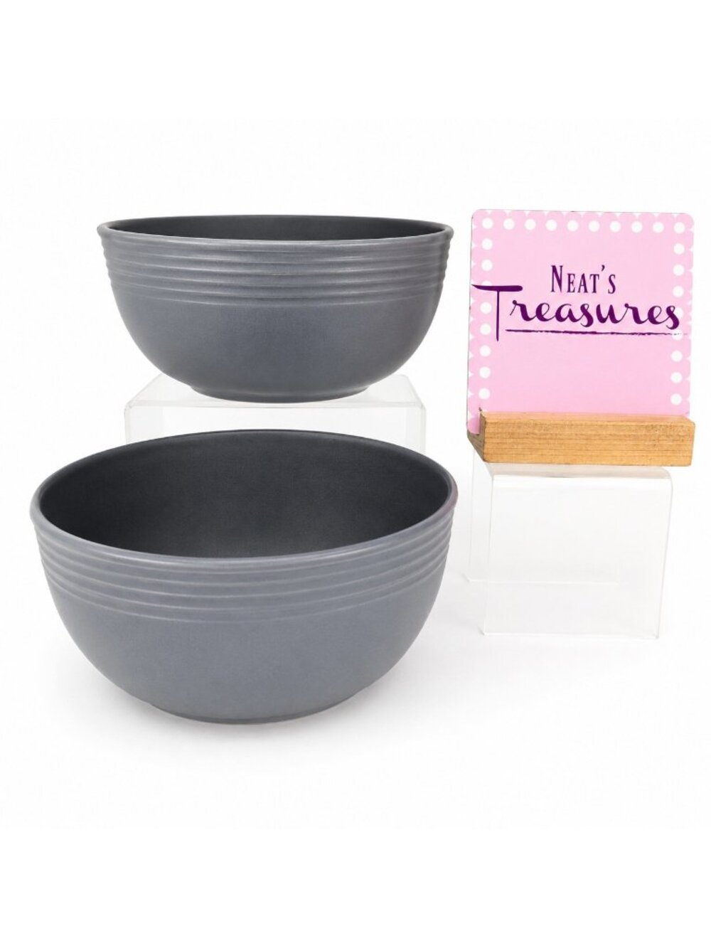 Mainstays CHIARA Gray Solid Embossed Rings Stoneware Soup Cereal Bowls Set of 2